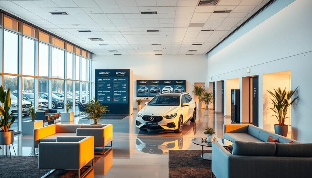 A bright, well-lit car rental office interior with a modern, minimalist design. The main focus is a sleek, glossy display showcasing various car models with clear pricing information. Surrounding this are stylish furniture pieces, potted plants, and large windows allowing natural light to flood the space. The overall atmosphere conveys a sense of transparency, professionalism, and customer-centric service. The lighting is warm and inviting, creating a welcoming ambiance. The angle is slightly elevated, providing a comprehensive view of the rental office's layout and offerings. A bright, well-lit car rental office interior with a modern, minimalist design. The main focus is a sleek, glossy display showcasing various car models with clear pricing information. Surrounding this are stylish furniture pieces, potted plants, and large windows allowing natural light to flood the space. The overall atmosphere conveys a sense of transparency, professionalism, and customer-centric service. The lighting is warm and inviting, creating a welcoming ambiance. The angle is slightly elevated, providing a comprehensive view of the rental office's layout and offerings.