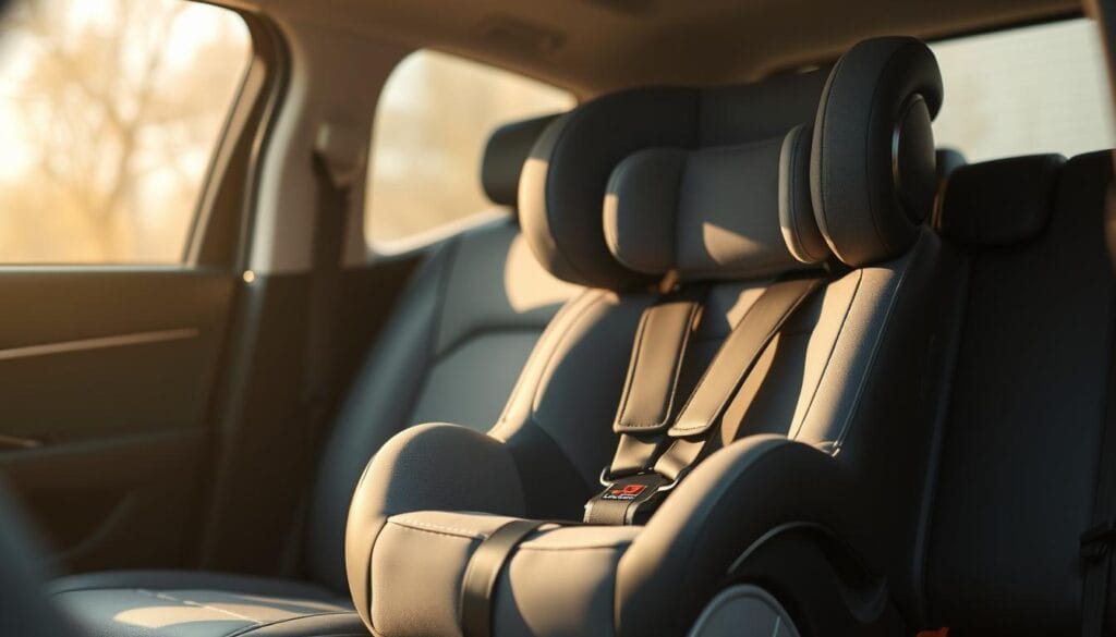 drivalia.fr : Votre Agence de Location de Voiture en Ligne 5 A child car safety seat, positioned prominently in the foreground, cast in soft, warm lighting that highlights its sleek, modern design and plush, gray upholstery. The seat is framed by a mid-shot, slightly angled perspective, creating a sense of depth and drawing the viewer's attention to the intricate safety features and ergonomic details. The background is blurred, suggesting an interior automotive setting, with muted tones and subtle reflections that complement the refined, high-quality aesthetic of the car seat. The overall mood is one of safety, comfort, and attention to detail, conveying the importance of child passenger protection.