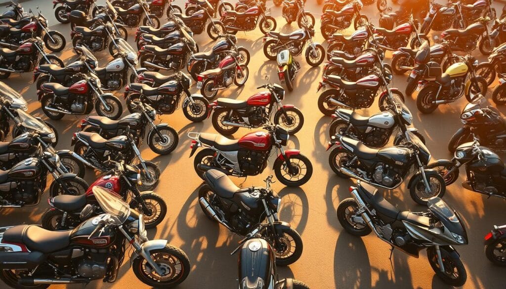 A detailed comparison of various used motorcycle platforms, captured in a high-quality, visually compelling image. Showcase an array of different makes and models, meticulously arranged in a symmetrical, grid-like composition. Depict the motorcycles from a slightly elevated perspective, allowing the viewer to appreciate their distinct design features and configurations. Bathe the scene in warm, golden lighting that casts soft, dramatic shadows, creating a sense of depth and atmosphere. Convey a sense of order, professionalism, and technical expertise, reflecting the informative nature of the article's content. Avoid any distracting elements, maintaining a clean, uncluttered visual aesthetic that allows the motorcycles to be the central focus. A detailed comparison of various used motorcycle platforms, captured in a high-quality, visually compelling image. Showcase an array of different makes and models, meticulously arranged in a symmetrical, grid-like composition. Depict the motorcycles from a slightly elevated perspective, allowing the viewer to appreciate their distinct design features and configurations. Bathe the scene in warm, golden lighting that casts soft, dramatic shadows, creating a sense of depth and atmosphere. Convey a sense of order, professionalism, and technical expertise, reflecting the informative nature of the article's content. Avoid any distracting elements, maintaining a clean, uncluttered visual aesthetic that allows the motorcycles to be the central focus.
