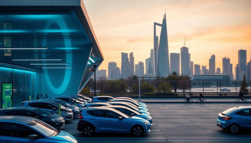 drivalia.fr : Votre Agence de Location de Voiture en Ligne 4 A futuristic electric vehicle sharing station set against a backdrop of a sleek, minimalist cityscape. The station features rows of compact, electric car models in a vibrant blue hue, neatly arranged and ready for effortless pick-up. Sleek, angular architecture with clean lines and glass panels dominates the foreground, casting a warm, ambient glow from integrated LED lighting. In the middle ground, pedestrians and cyclists navigate the urban landscape, reflecting the eco-friendly, technology-driven ethos of the service. The background showcases a modern skyline, with towering skyscrapers and a vibrant, digitally-enhanced atmosphere, hinting at the innovative, digitally-enabled nature of the car sharing experience.