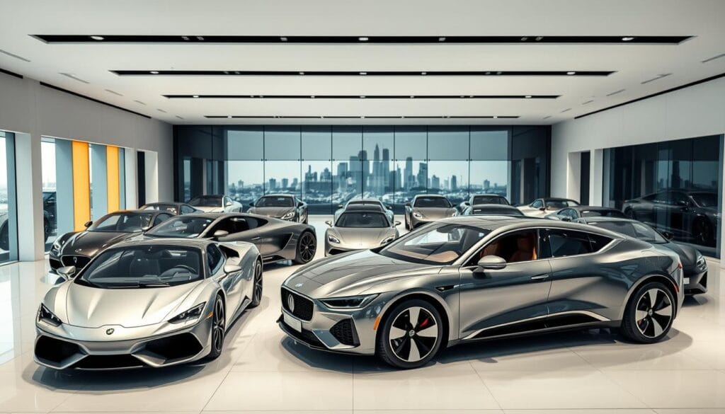 A luxurious display of cutting-edge automotive design, showcasing a fleet of high-end vehicles meticulously arranged in a sleek, modern showroom setting. Soft, directional lighting accentuates the curves and contours of the cars, while the polished surfaces reflect the room's elegant decor. The foreground features a selection of the latest models from premier luxury brands, captured at a slight angle to emphasize their powerful presence. In the middle ground, additional cars are positioned to create a balanced, harmonious composition. The background subtly blends seamless, minimalist architecture with subtle hints of the city skyline beyond, establishing a refined, aspirational atmosphere. A luxurious display of cutting-edge automotive design, showcasing a fleet of high-end vehicles meticulously arranged in a sleek, modern showroom setting. Soft, directional lighting accentuates the curves and contours of the cars, while the polished surfaces reflect the room's elegant decor. The foreground features a selection of the latest models from premier luxury brands, captured at a slight angle to emphasize their powerful presence. In the middle ground, additional cars are positioned to create a balanced, harmonious composition. The background subtly blends seamless, minimalist architecture with subtle hints of the city skyline beyond, establishing a refined, aspirational atmosphere.