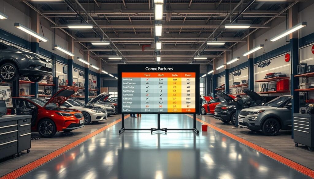 A meticulously detailed, photorealistic wide-angle shot of a well-lit automotive repair shop interior, featuring a central comparison board displaying a grid of pricing information for various garages, with a sleek modern aesthetic and subtle warm lighting highlighting the clean, organized workspace. The board is the focal point, surrounded by a busy background of mechanics working on cars, tools, and equipment neatly arranged on shelves. The overall scene conveys a sense of efficiency, professionalism, and technological sophistication in the automotive service industry. A meticulously detailed, photorealistic wide-angle shot of a well-lit automotive repair shop interior, featuring a central comparison board displaying a grid of pricing information for various garages, with a sleek modern aesthetic and subtle warm lighting highlighting the clean, organized workspace. The board is the focal point, surrounded by a busy background of mechanics working on cars, tools, and equipment neatly arranged on shelves. The overall scene conveys a sense of efficiency, professionalism, and technological sophistication in the automotive service industry.
