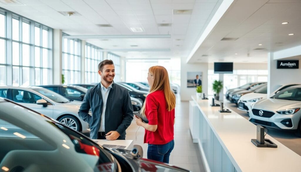 Découvrez carigami.fr : La plateforme pour une mobilité durable ! 3 A modern and well-lit car rental office, with sleek counters and a professional atmosphere. In the foreground, a customer is speaking with a friendly employee, discussing rental details and options. The middle ground showcases a variety of available vehicles, including sedans, SUVs, and compact cars, all neatly organized and displayed. The background features large windows, allowing natural light to flood the space and create a warm, inviting ambiance. The overall scene conveys a sense of efficiency, customer service, and a commitment to providing a positive rental experience.