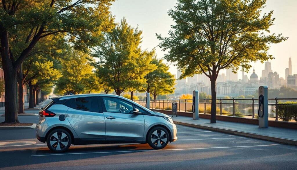 A modern, energy-efficient electric car parked on a quiet, tree-lined street. The vehicle is the focal point, gleaming in the soft, golden afternoon light. In the middle ground, a public charging station blends seamlessly into the urban landscape. The background gently fades into a picturesque city skyline, hinting at the convenience and sustainability of this green mode of transportation. The scene evokes a sense of tranquility and environmental responsibility, perfectly capturing the essence of "conseils location voiture écologique". A modern, energy-efficient electric car parked on a quiet, tree-lined street. The vehicle is the focal point, gleaming in the soft, golden afternoon light. In the middle ground, a public charging station blends seamlessly into the urban landscape. The background gently fades into a picturesque city skyline, hinting at the convenience and sustainability of this green mode of transportation. The scene evokes a sense of tranquility and environmental responsibility, perfectly capturing the essence of "conseils location voiture écologique".