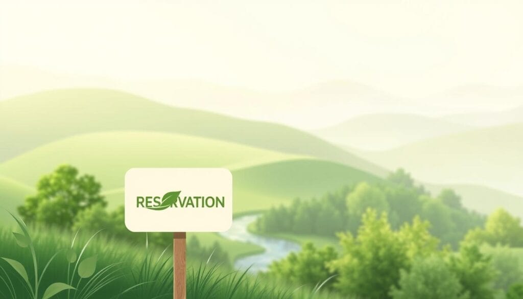 A modern, minimalist illustration of the "Ecological Reservation Process" in soft, natural tones. In the foreground, a stylized depiction of a reservation sign or marker with a leafy, organic design. In the middle ground, a simplified rendering of a nature scene - rolling hills, a winding stream, and lush, verdant foliage. The background features a softly blurred, atmospheric landscape hinting at the wider environmental context. The lighting is soft and diffused, creating a calming, serene mood. The overall composition conveys a sense of harmony between human systems and the natural world. A modern, minimalist illustration of the "Ecological Reservation Process" in soft, natural tones. In the foreground, a stylized depiction of a reservation sign or marker with a leafy, organic design. In the middle ground, a simplified rendering of a nature scene - rolling hills, a winding stream, and lush, verdant foliage. The background features a softly blurred, atmospheric landscape hinting at the wider environmental context. The lighting is soft and diffused, creating a calming, serene mood. The overall composition conveys a sense of harmony between human systems and the natural world.