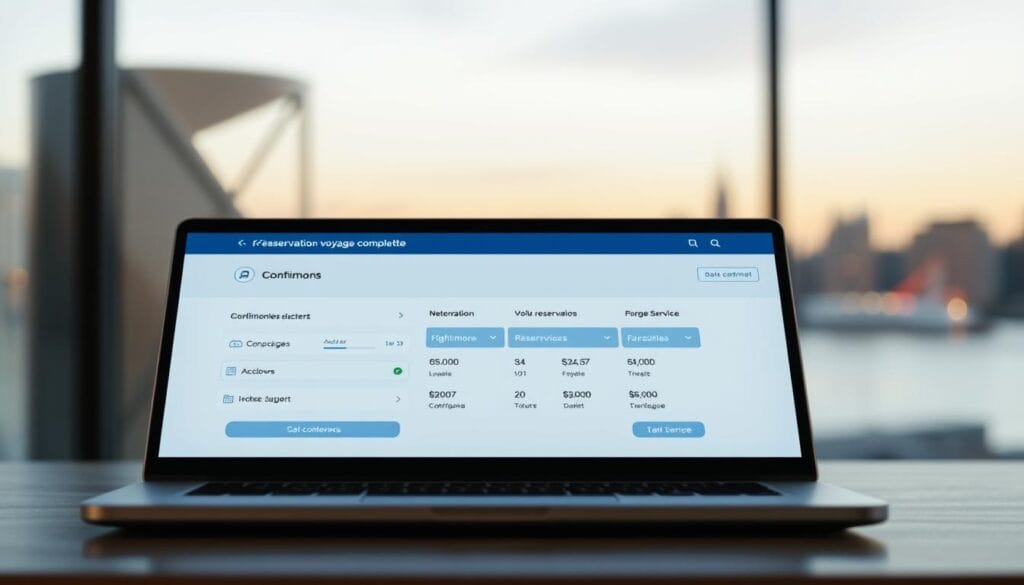 A modern, minimalist online travel booking interface featuring a clean layout with a clear focus on the "réservation voyage complète" process. The foreground showcases a laptop or tablet display with a booking confirmation screen, highlighting key details like flight information, hotel reservations, and ancillary services. The middle ground features subtle geometric patterns or abstract shapes that convey a sense of efficiency and digital elegance. The background is a softly blurred cityscape or landscape, suggesting the broader context of the travel experience. The overall mood is one of seamless, intuitive functionality, capturing the essence of a comprehensive travel booking service. A modern, minimalist online travel booking interface featuring a clean layout with a clear focus on the "réservation voyage complète" process. The foreground showcases a laptop or tablet display with a booking confirmation screen, highlighting key details like flight information, hotel reservations, and ancillary services. The middle ground features subtle geometric patterns or abstract shapes that convey a sense of efficiency and digital elegance. The background is a softly blurred cityscape or landscape, suggesting the broader context of the travel experience. The overall mood is one of seamless, intuitive functionality, capturing the essence of a comprehensive travel booking service.