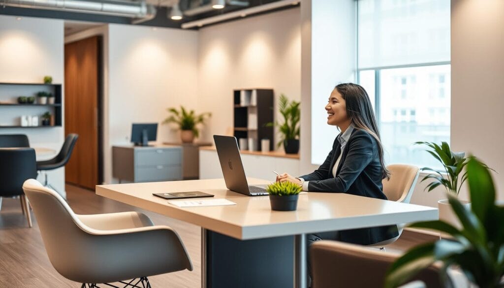 Découvrez carigami.fr : La plateforme pour une mobilité durable ! 5 A neatly organized, modern office space with a client sitting at a desk, engaged in a conversation with a customer service representative. The office features sleek furniture, clean lines, and a warm, inviting atmosphere. Soft, directional lighting illuminates the scene, highlighting the friendly interaction between the two individuals. The client's expression conveys a sense of satisfaction and appreciation for the assistance they are receiving. The overall tone is professional yet approachable, reflecting the ethos of a sustainable mobility platform.