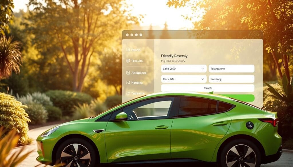 A serene, eco-friendly vehicle reservation interface, depicted in a warm, natural lighting. In the foreground, a sleek, electric-powered car in a vibrant shade of green, its form highlighted by soft shadows. The middle ground showcases a user-friendly reservation system, with clean typography and intuitive layout. The background features a tranquil, garden-like setting, with lush foliage and a calming color palette, evoking a sense of sustainability and environmental consciousness. The overall scene conveys a seamless, modern, and eco-friendly mobility experience. A serene, eco-friendly vehicle reservation interface, depicted in a warm, natural lighting. In the foreground, a sleek, electric-powered car in a vibrant shade of green, its form highlighted by soft shadows. The middle ground showcases a user-friendly reservation system, with clean typography and intuitive layout. The background features a tranquil, garden-like setting, with lush foliage and a calming color palette, evoking a sense of sustainability and environmental consciousness. The overall scene conveys a seamless, modern, and eco-friendly mobility experience.