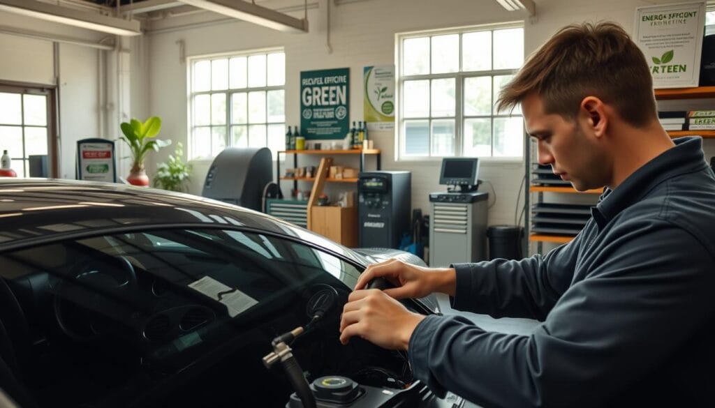 A serene workshop garage, filled with natural light from large windows. In the foreground, a mechanic carefully inspects the inner workings of a sleek, eco-friendly vehicle, their hands guiding delicate tools with precision. The middle ground showcases a range of sustainable automotive products - from biodegradable cleaners to recycled rubber floor mats. In the background, shelves display energy-efficient diagnostic equipment and informational posters highlighting the benefits of green vehicle maintenance. The overall atmosphere is one of tranquility and environmental responsibility, reflecting the article's focus on optimal, eco-conscious car care. A serene workshop garage, filled with natural light from large windows. In the foreground, a mechanic carefully inspects the inner workings of a sleek, eco-friendly vehicle, their hands guiding delicate tools with precision. The middle ground showcases a range of sustainable automotive products - from biodegradable cleaners to recycled rubber floor mats. In the background, shelves display energy-efficient diagnostic equipment and informational posters highlighting the benefits of green vehicle maintenance. The overall atmosphere is one of tranquility and environmental responsibility, reflecting the article's focus on optimal, eco-conscious car care.