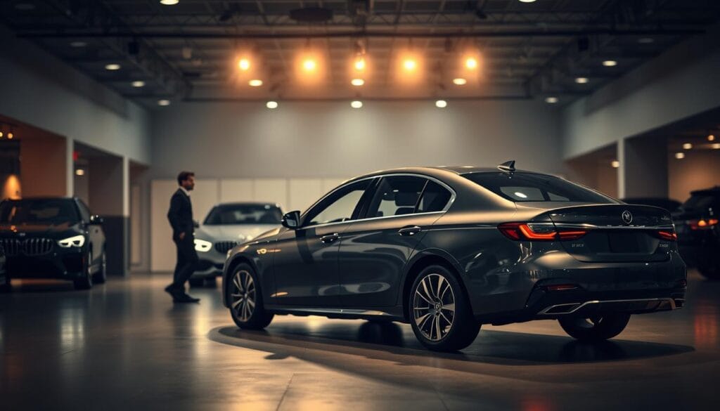 elite-auto.fr : Achetez votre voiture en toute sécurité avec nous ! 4 A sleek, modern car showroom interior, dimly lit with warm, ambient lighting. In the foreground, a well-appointed mid-size sedan takes center stage, its smooth lines and gleaming finish reflecting the overhead spotlights. In the middle ground, a knowledgeable salesperson stands nearby, ready to guide a prospective buyer through the features and specifications. The background reveals a spacious, minimalist showroom, with a carefully curated selection of vehicles displayed against a neutral, muted palette, creating a sense of tranquility and professionalism. The overall atmosphere conveys a sense of trust, expertise, and a commitment to providing a reliable and personalized car-buying experience.