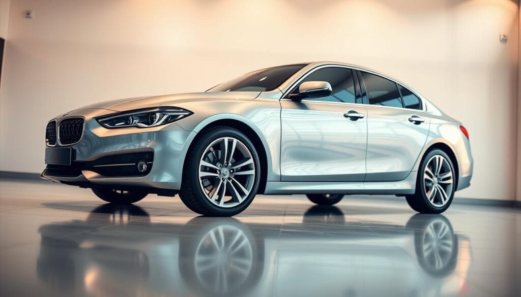 elite-auto.fr : Achetez votre voiture en toute sécurité avec nous ! 5 A sleek, modern sedan in a well-lit showroom, its gleaming silver exterior catching the warm, ambient lighting. The vehicle is prominently displayed, with a clean, minimal background that allows it to take center stage. The image has a professional, aspirational feel, suggesting a high-quality, advantageous automobile repurchase service. Subtle reflections on the car's surface add depth and realism, while a slight, low-angle perspective emphasizes the vehicle's bold, confident presence. An overall sense of premium quality and customer-centric service is conveyed through the composition and attention to detail.