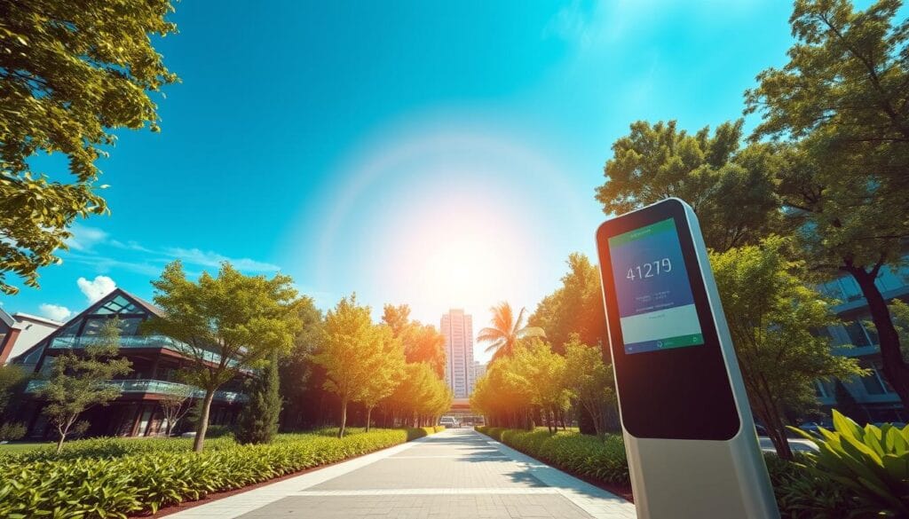A striking overhead view of a modern, eco-friendly payment terminal against a backdrop of lush greenery and a bright blue sky. The sleek, minimalist terminal is encircled by a halo of soft, warm lighting, creating an almost mystical atmosphere. The foreground is dominated by clean lines and a touch screen interface, while the middle ground features verdant foliage and a paved walkway, suggesting a sustainable urban setting. The background is filled with towering trees and a glimpse of a modern, energy-efficient building, conveying a sense of environmentally-conscious development. The overall scene radiates a harmonious blend of technology and nature, reflecting the concept of "green mobility" and its seamless integration into everyday life. A striking overhead view of a modern, eco-friendly payment terminal against a backdrop of lush greenery and a bright blue sky. The sleek, minimalist terminal is encircled by a halo of soft, warm lighting, creating an almost mystical atmosphere. The foreground is dominated by clean lines and a touch screen interface, while the middle ground features verdant foliage and a paved walkway, suggesting a sustainable urban setting. The background is filled with towering trees and a glimpse of a modern, energy-efficient building, conveying a sense of environmentally-conscious development. The overall scene radiates a harmonious blend of technology and nature, reflecting the concept of "green mobility" and its seamless integration into everyday life.