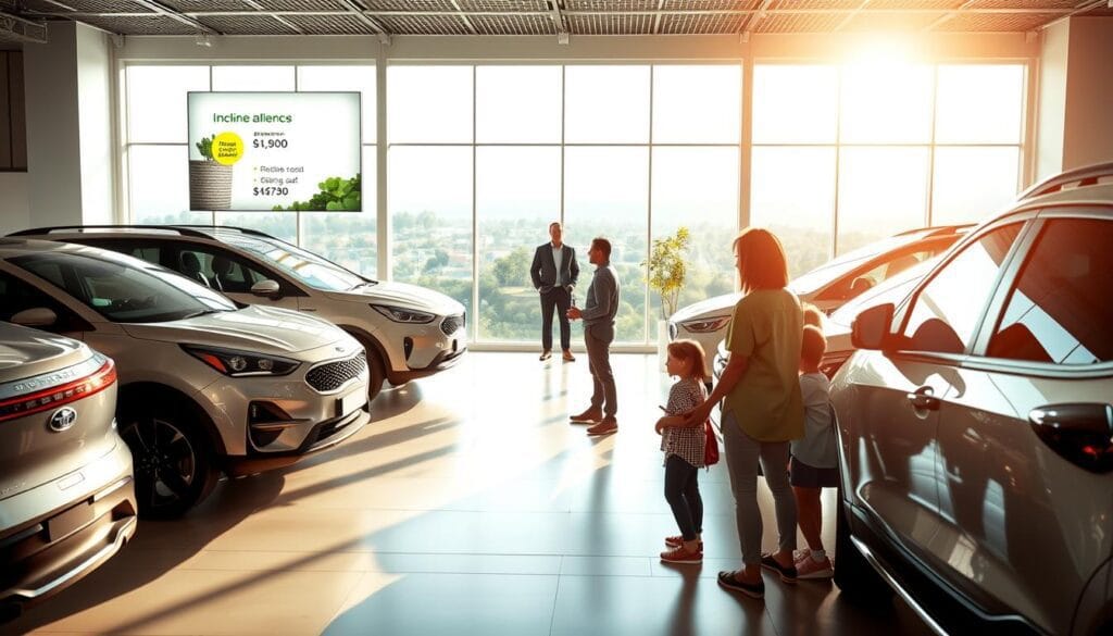 A sun-drenched showroom featuring a diverse array of eco-friendly vehicles, their sleek silhouettes gleaming against a modern, minimalist interior. In the foreground, a family examines the options, their expressions hopeful as they consider the alluring finance offers displayed on crisp, backlit panels. In the middle ground, a savvy sales representative stands ready to guide them through the process, while the background reveals a vista of verdant cityscapes, hinting at the sustainable future these vehicles represent. Soft, directional lighting creates an atmosphere of optimism and innovation, inviting the viewer to envision themselves embarking on a journey towards a greener tomorrow. A sun-drenched showroom featuring a diverse array of eco-friendly vehicles, their sleek silhouettes gleaming against a modern, minimalist interior. In the foreground, a family examines the options, their expressions hopeful as they consider the alluring finance offers displayed on crisp, backlit panels. In the middle ground, a savvy sales representative stands ready to guide them through the process, while the background reveals a vista of verdant cityscapes, hinting at the sustainable future these vehicles represent. Soft, directional lighting creates an atmosphere of optimism and innovation, inviting the viewer to envision themselves embarking on a journey towards a greener tomorrow.