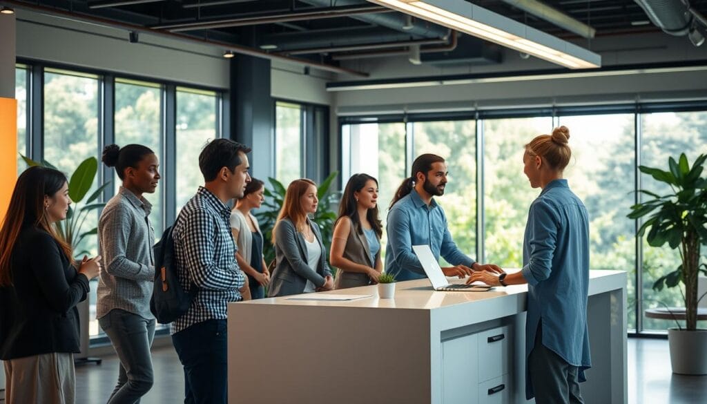 A vibrant and eco-friendly customer service experience. In the foreground, a diverse group of clients engage with helpful, attentive staff at a modern, minimalist service desk. Warm, natural lighting illuminates the scene, casting a serene glow. In the background, a sleek, sustainable office space with floor-to-ceiling windows overlooking lush greenery. The clients and staff move with a sense of ease and professionalism, reflecting a commitment to environmental responsibility and exceptional multichannel support. A harmonious blend of technology, nature, and human-centric design. A vibrant and eco-friendly customer service experience. In the foreground, a diverse group of clients engage with helpful, attentive staff at a modern, minimalist service desk. Warm, natural lighting illuminates the scene, casting a serene glow. In the background, a sleek, sustainable office space with floor-to-ceiling windows overlooking lush greenery. The clients and staff move with a sense of ease and professionalism, reflecting a commitment to environmental responsibility and exceptional multichannel support. A harmonious blend of technology, nature, and human-centric design.
