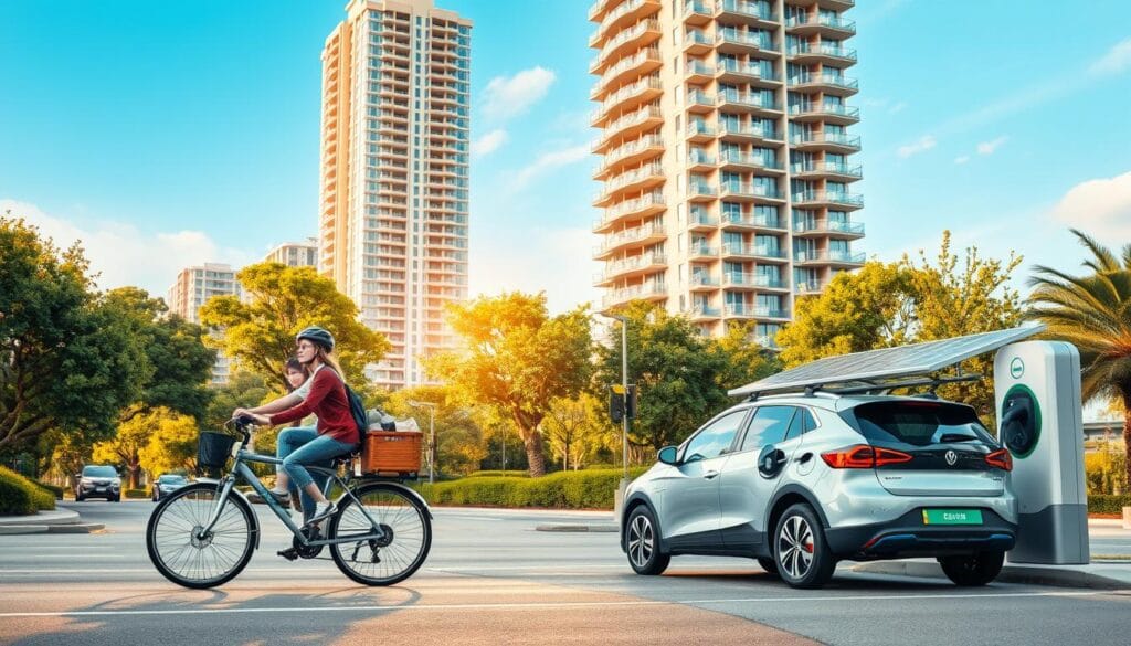 A vibrant and sustainable cityscape with electric vehicles and bicycles gliding along clean, tree-lined streets. In the foreground, a family on a zero-emission cargo bike effortlessly transports their groceries. In the middle ground, a sleek electric car silently charges at a public charging station adorned with solar panels. In the background, a modern high-rise building displays its energy-efficient design, surrounded by lush greenery and a clear blue sky. Soft, warm lighting illuminates the scene, creating a sense of tranquility and progress. This image captures the advantages of green mobility solutions, showcasing their environmental, economic, and social benefits for a better, cleaner future. A vibrant and sustainable cityscape with electric vehicles and bicycles gliding along clean, tree-lined streets. In the foreground, a family on a zero-emission cargo bike effortlessly transports their groceries. In the middle ground, a sleek electric car silently charges at a public charging station adorned with solar panels. In the background, a modern high-rise building displays its energy-efficient design, surrounded by lush greenery and a clear blue sky. Soft, warm lighting illuminates the scene, creating a sense of tranquility and progress. This image captures the advantages of green mobility solutions, showcasing their environmental, economic, and social benefits for a better, cleaner future.