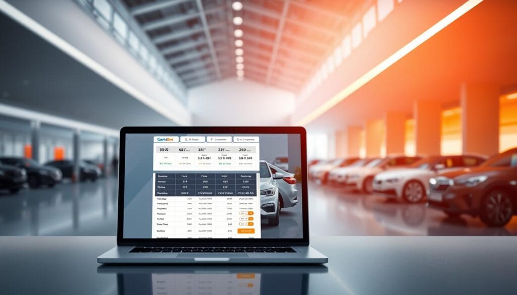 An image of a price comparison website for automotive garages, showcased against a sleek, modern backdrop. In the foreground, a laptop or tablet displays a meticulously designed, user-friendly interface, allowing users to easily compare prices and services across multiple garages. The middle ground features a collection of various automobile models, subtly hinting at the wide range of vehicles catered to. The background is dominated by a clean, minimalist architectural setting, with sharp lines and neutral tones, creating a sense of professionalism and efficiency. Warm, directional lighting casts a subtle glow, accentuating the digital interface and the automobiles, conveying a sense of innovation and technology-driven solutions for the automotive industry. An image of a price comparison website for automotive garages, showcased against a sleek, modern backdrop. In the foreground, a laptop or tablet displays a meticulously designed, user-friendly interface, allowing users to easily compare prices and services across multiple garages. The middle ground features a collection of various automobile models, subtly hinting at the wide range of vehicles catered to. The background is dominated by a clean, minimalist architectural setting, with sharp lines and neutral tones, creating a sense of professionalism and efficiency. Warm, directional lighting casts a subtle glow, accentuating the digital interface and the automobiles, conveying a sense of innovation and technology-driven solutions for the automotive industry.
